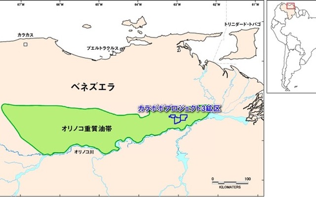 オリノコ地帯カラボボ・エリアプロジェクト3鉱区（ブロック5、ブロック2 Southおよびブロック3 North）鉱区位置図