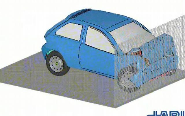 車の正面衝突シミュレーション（提供： 財団法人日本自動車研究所） 車の正面衝突シミュレーション（提供： 財団法人日本自動車研究所）