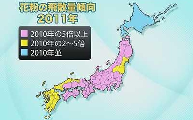 来年のスギ花粉、関東は今年の7～8倍、近畿では10倍という予想 今年が少なかったこともあるが全国的に5倍以上が並ぶ。来年は花粉症もちには辛い年かも