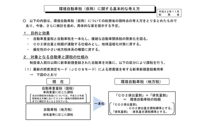 総務省が基本構想を公表した「環境自動車税（仮称）に関する基本的な考え方」