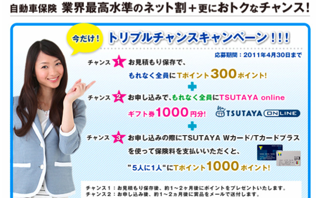 自動車保険の見積もりでTポイント300ptプレゼントするキャンペーン
