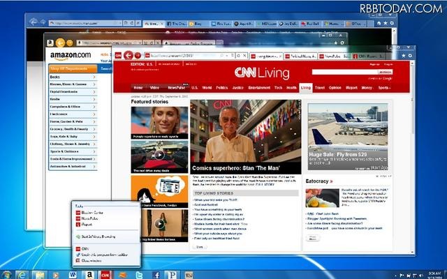 「Internet Explorer9」で閲覧したCNNとAmazonのサイト 「Internet Explorer9」で閲覧したCNNとAmazonのサイト