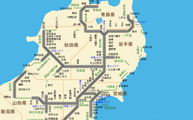 JARTIC 日本道路交通情報センターによる東北地方の高速道路の状況（灰色の表示は調整中を示す）