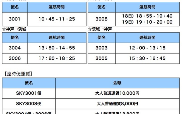 臨時便運行ダイヤ、運賃表