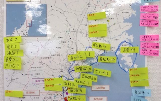 宮城県避難所マップ。県内の避難所は約500ある。