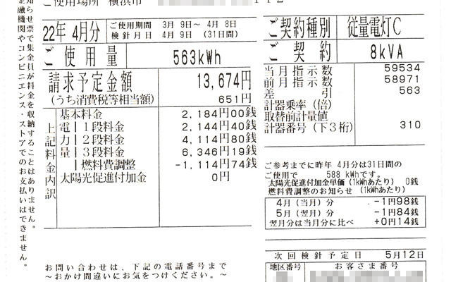 昨年4月分の電気使用量