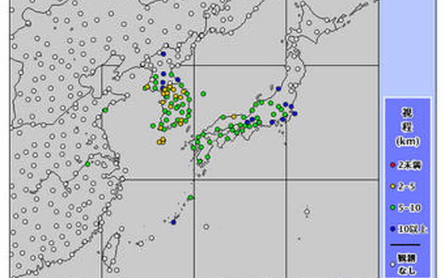 黄砂に注意、広い範囲で視程低下 黄砂情報（実況図）5月2日1時～11時
