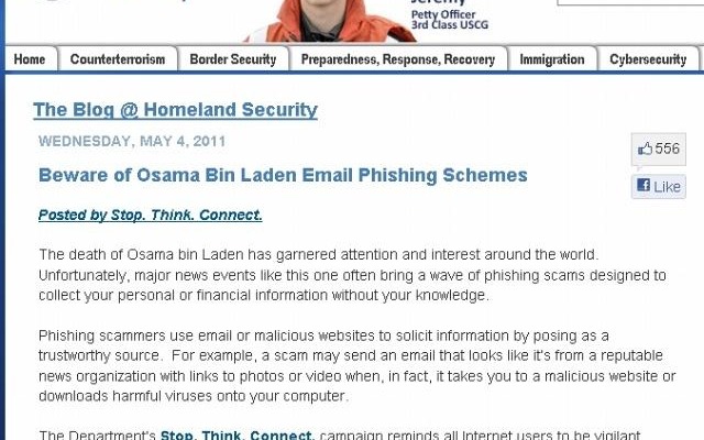 「Beware of Osama Bin Laden Email Phishing Schemes」と題する記事 「Beware of Osama Bin Laden Email Phishing Schemes」と題する記事