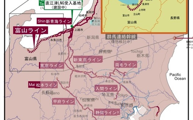 天然ガスパイプラインマップ：富山ライン建設予定ルート