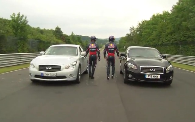 レッドブルレーシングのF1ドライバー、セバスチャン・ベッテル選手とマーク・ウェバー選手がインフィニティM(日産フーガ）をテストドライブ