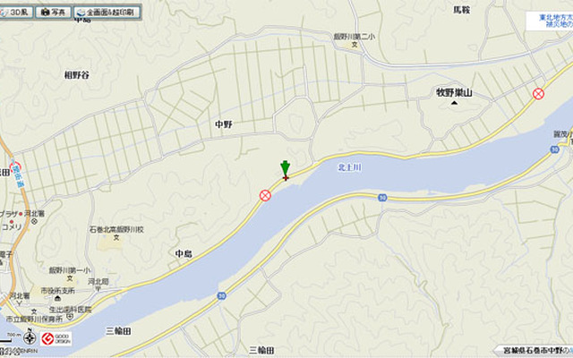 マピオンに表示された被災地の通行止め道路情報