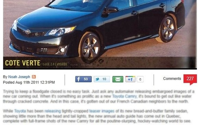 新型トヨタカムリの情報をリークした『Canadian Auto guide』誌（『Autoblog』より）