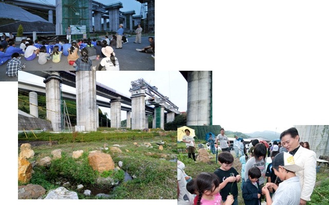 新東名の的場高架橋。左上：ホタル観賞会、右下：自然体験学習