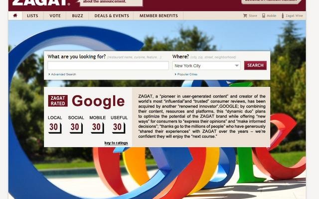 Googleによる買収を伝えるZAGATのサイト