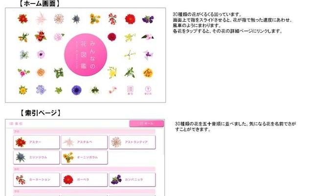 「みんなの花図鑑 vol.1」ホーム画面/索引ページイメージ