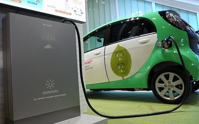 電力会社から購入した電力と、家屋に設置された太陽電池からの電力を状況に応じて使い分け、電気自動車（EV）に供給する