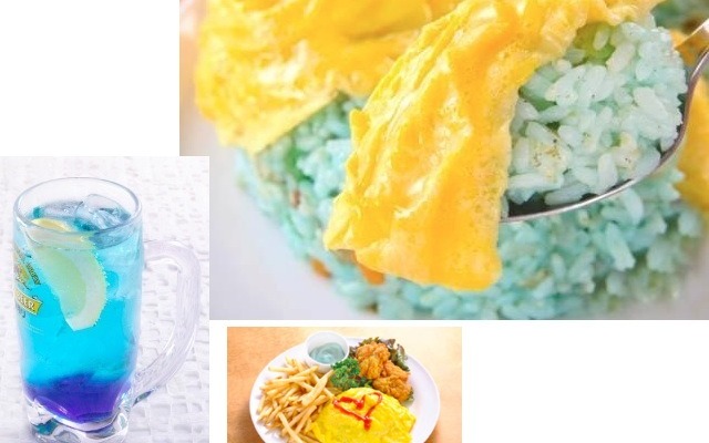 オムライスの卵に包まれているのはドアラ色のピラフ。左下はドアラハイボール。