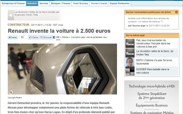 ルノー日産の超低価格車開発計画を伝えるフランスの『ラ・トリビューン』