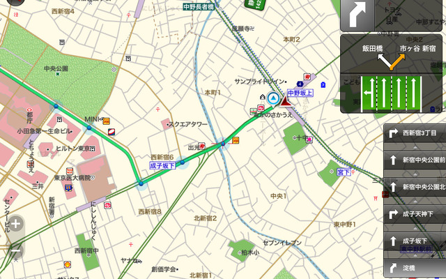 iPadでのルート案内は、右側に交差点名とレーンが表示される。交差点リストをフリックすることで先が確認できる