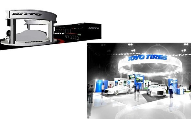 東京オートサロン12、NITTOブース（左上）とTOYOブース（イメージ）。