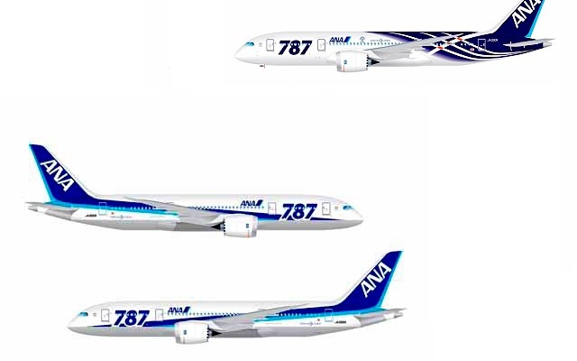 ANA 787 新塗装。左下2機が通常塗装に787ロゴを追加したもの。右上が初号機と2号機の特別塗装。