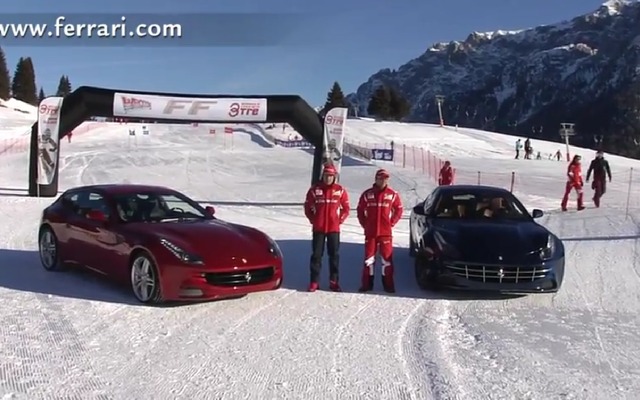 フェラーリFFで雪上スラローム対決を行ったアロンソ選手とマッサ選手（動画キャプチャー）