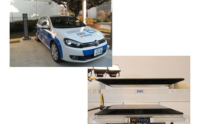 試験用電気自動車（左上）と非接触給電評価機（出力3.3kW）