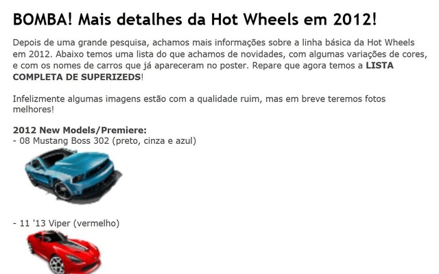 米国の玩具メーカー、マテルのミニカーブランド、ホットウィールから発売されるSRTバイパーのミニカーの画像（左下、赤）を公開したブラジルの『T-Hunted』