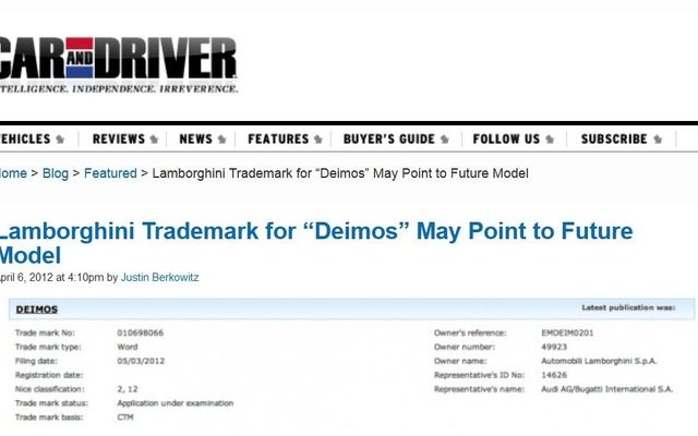 ランボルギーニが「DEIMOS」という名前を商標登録したと伝える米『CAR AND DRIVER』