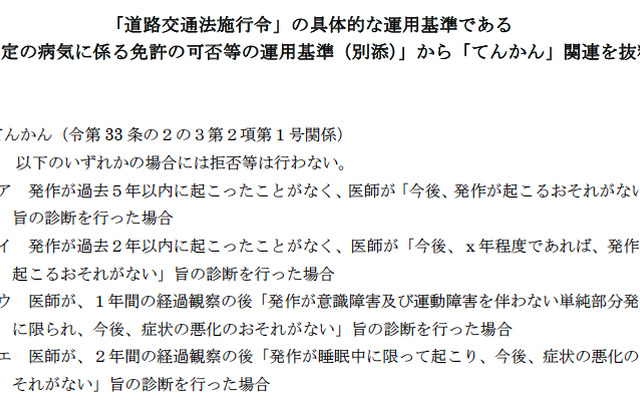 てんかんと運転免許について示した、道路交通法施行令の運用基準