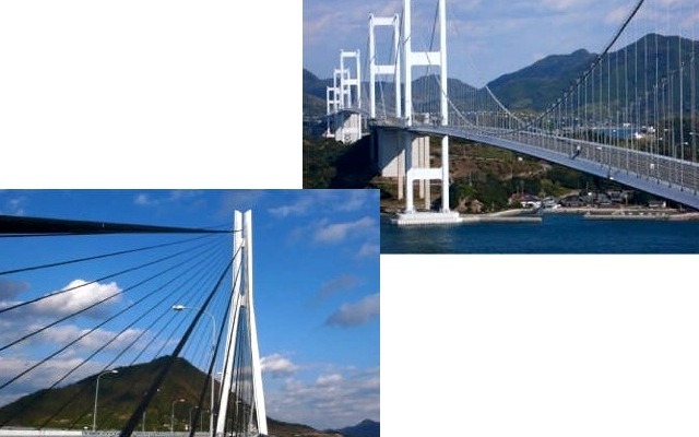 来島海峡大橋（右上）と多々羅大橋