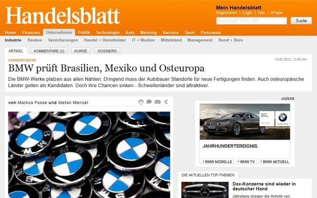 BMWの新工場建設計画を伝えた独『Handelsblatt』