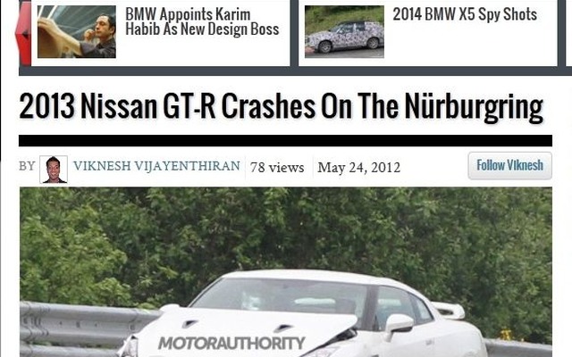 日産GT-Rが開発テスト中にドイツ・ニュルブルクリンクで事故を起こしたと伝えた『MOTOR AUTHORITY』