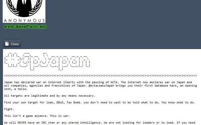 Anonymous の対日攻撃プロジェクト#opJapan 傘下の@ActaLeaksJapan による声明と、漏えいした全個人情報が記載されたページ