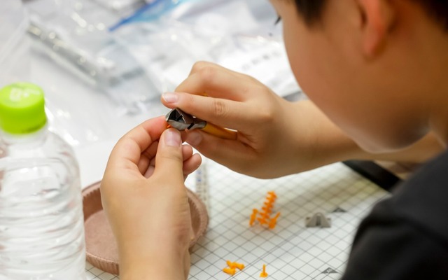 ラジオペンチやニッパー、ドライバーを使用して細かな作業に取り組む