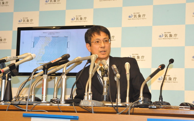余震に対する注意を呼びかける斉藤誠地震情報企画官（7日・気象庁）