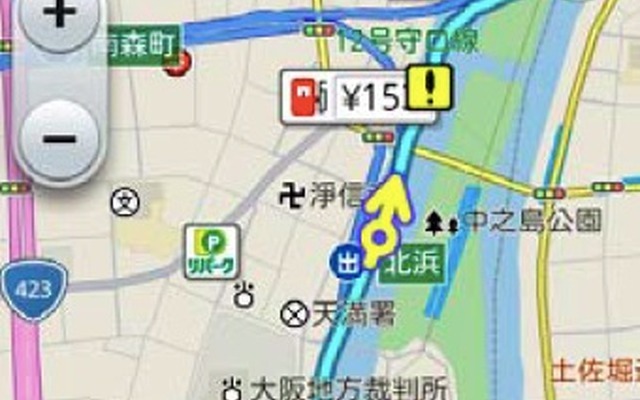 スマートフォンアプリの画面、過去に事故が多く発生している場所を地図と音声により案内