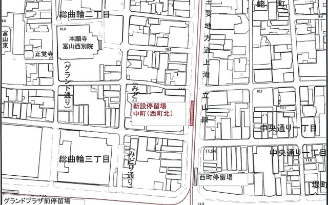 西町～荒町間に設置される中町（西町北）停留場の位置。西町停留場の南富山方面行きホームから50mほどしか離れておらず、乗り換え利便性の向上が図られる。