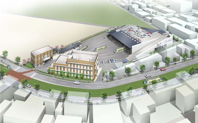 新しい交通局局舎と電車施設。JT工場跡地に建設される。