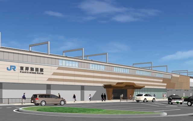 東岸和田駅の新駅舎（イメージ）。JR西日本はだんじり祭をモチーフにスピード感や力強さを表現するとしている。
