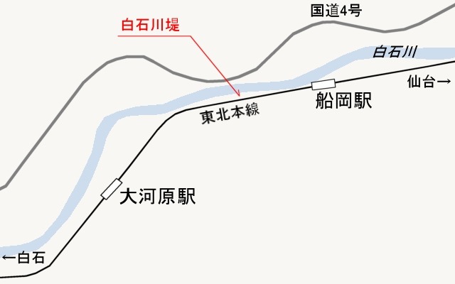 東北本線の大河原～船岡間。車窓から白石川堤のサクラが見える。