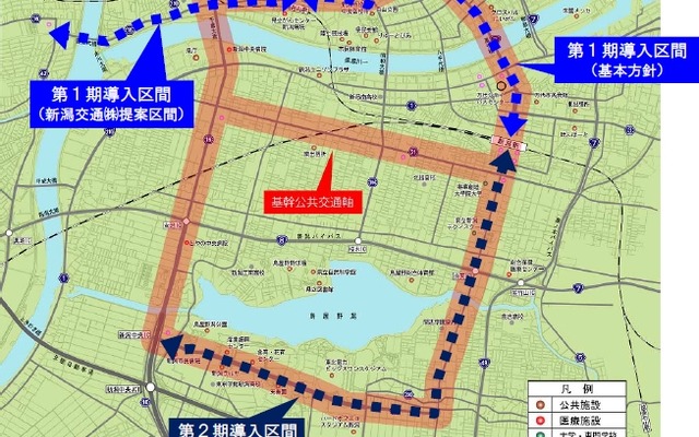 新潟市のBRT計画。新潟駅から古町、市役所などを経由し青山地区までを第1期導入区間としている。