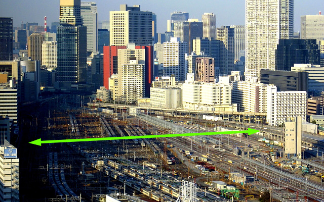 田町車両センターの下を走る高輪ガード（地下道）のイメージ（緑線）