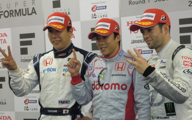 スーパーフォーミュラ開幕戦鈴鹿、予選トップ3は伊沢（中央）、小暮（左）、オリベイラという顔ぶれに。