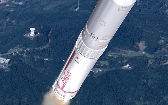 イプシロンロケット（新デザイン）の飛翔イメージ。赤いラインの上には、応募で集まった5812件のメッセージが白文字で描かれる。