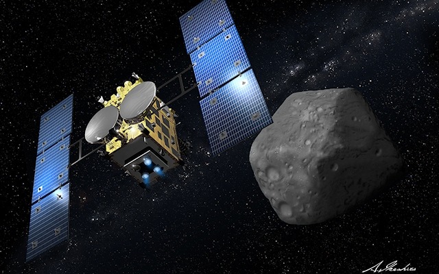 はやぶさ2が目的地のC型小惑星「1999JU3」にランデブーした予想イメージCG。