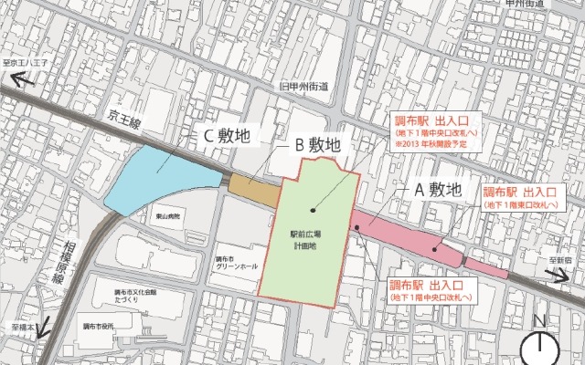 調布駅周辺に整備する複合商業施設の位置。地下化によって空いた地上の線路敷地を活用する。