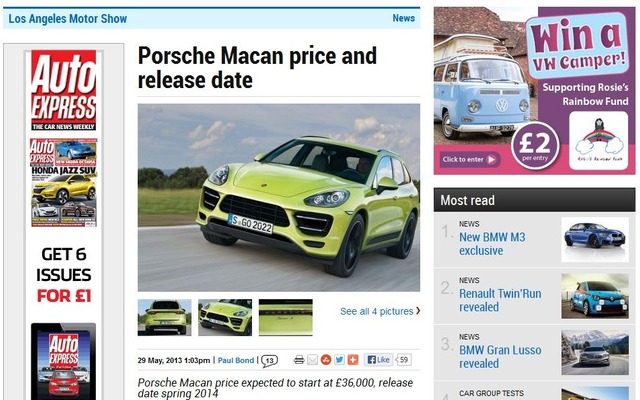 ポルシェMACANに関する情報を掲載した英『Auto EXPRESS』