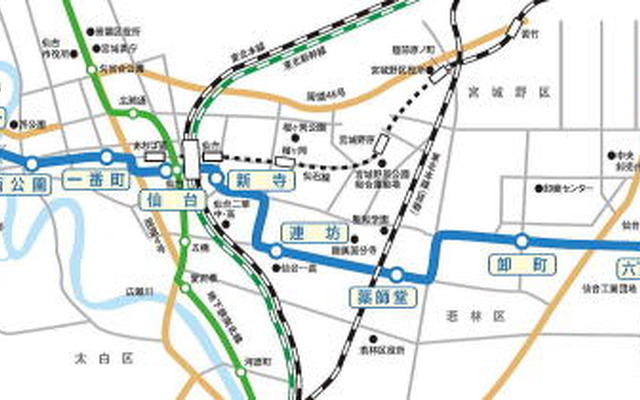 仙台市営地下鉄東西線のルート。動物公園～荒井間13.9kmを結ぶ。