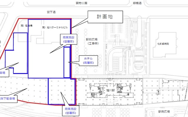 旭川ターミナルビルの平面図。旭川駅の北西側に建設される。駅西側の高架下にもターミナルビルの施設が整備される。